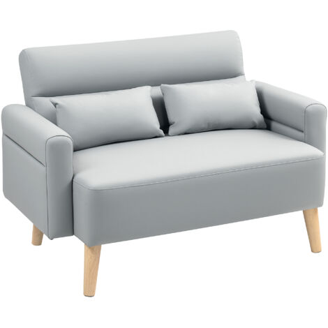 HOMCOM sofá de 2 plazas tapizado en cuero sintético de 117 cm con reposabrazos acolchado grueso respaldo acanalado y patas de madera gris