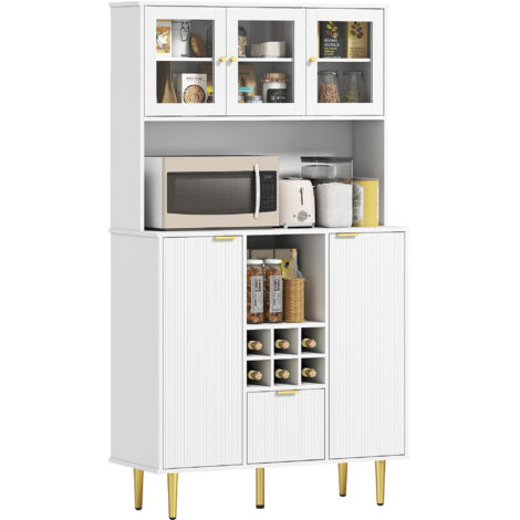 HOMCOM alacena de cocina con 3 puertas de vidrio botellero cajón estantes ajustables y compartimentos abiertos 100x40x180 cm blanco