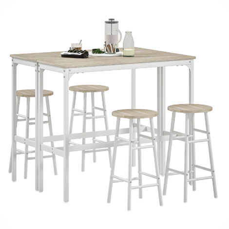 HOMCOM conjunto de 2 mesas altas de bar con 4 taburetes mesas altas de cocina con taburetes marco de acero estilo industrial natural y blanco (1/5)