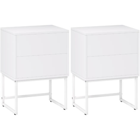 HOMCOM pack de 2 mesitas de noche estrechas mesillas de noche dormitorio con 2 cajones apertura por presión y patas de acero 40x30x55 cm blanco
