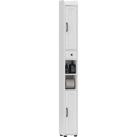 HOMCOM columna de baño mueble de baño con 2 puertas compartimento abierto estantes ajustables y portarrollos 20x20x185 cm blanco