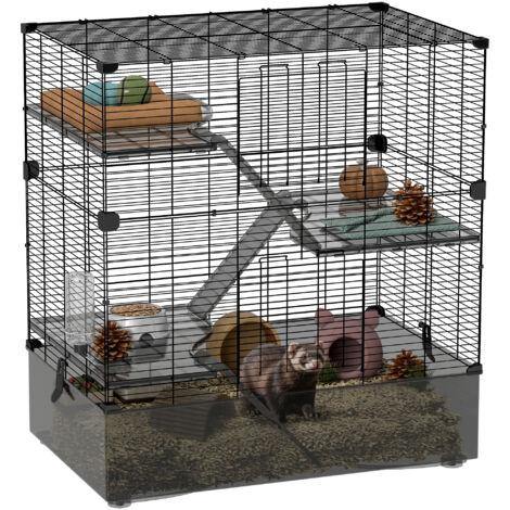 PawHut jaula para hurones de 4 niveles con bandeja inferior jaula para roedores con rampas comedero y botella de agua 73x47x80 cm negro
