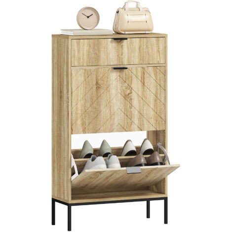 HOMCOM zapatero estrecho con 2 puertas zapatero entrada recibidor con cajón y estantes ajustables para 8 pares de zapatos 60x24x105,5 cm roble