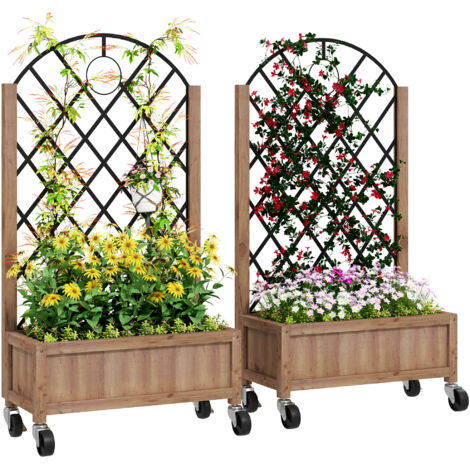 Outsunny juego de 2 jardineras de exterior jardineras con enrejado metálico para plantas trepadoras maceteros con ruedas 52x25x97 cm natural