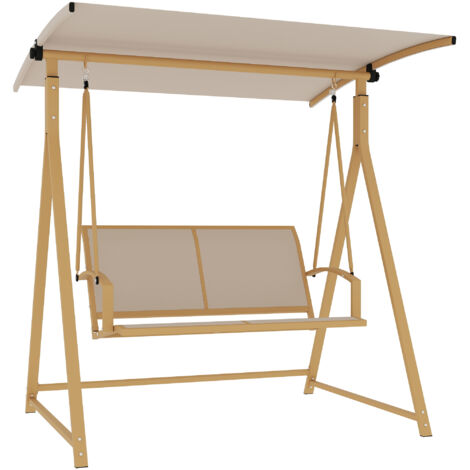 Outsunny columpio de jardín exterior de 2 plazas con toldo ajustable protección UV 30+ y estructura de metal carga 220 kg 160x112x162 cm caqui