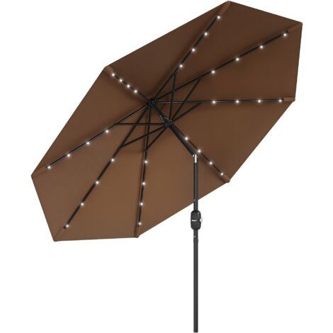 Outsunny sombrilla terraza exterior Ø265 cm sombrilla de jardín con 32 luces LED solares poste de acero y manivela para patio terraza marrón