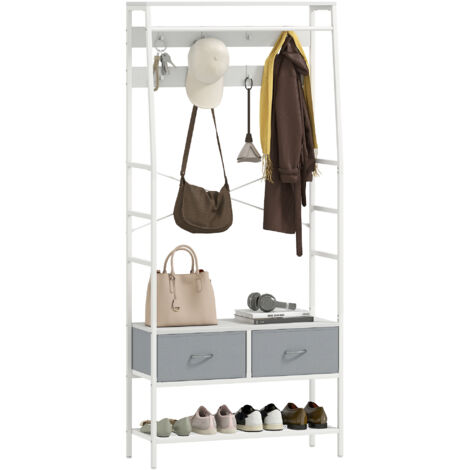 HOMCOM perchero zapatero con zapatero 8 ganchos 2 cajones de tela barra estante de malla para pasillo dormitorio salón 80x30x180,5 cm blanco