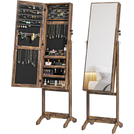 HOMCOM espejo joyero de pie armario de joyería con 3 ángulos ajustables cerradura magnética con estantes ranuras 46x36,5x151,5 cm marrón rústico