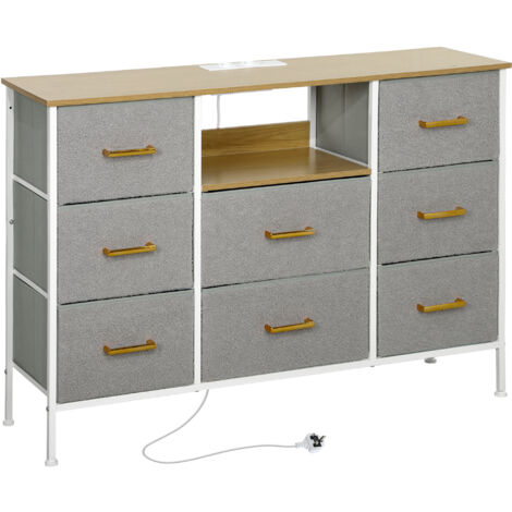 HOMCOM cómoda con 8 cajones tapizado en borreguito cajonera de tela con estación de carga puerto USB tipo-C y estructura de acero gris