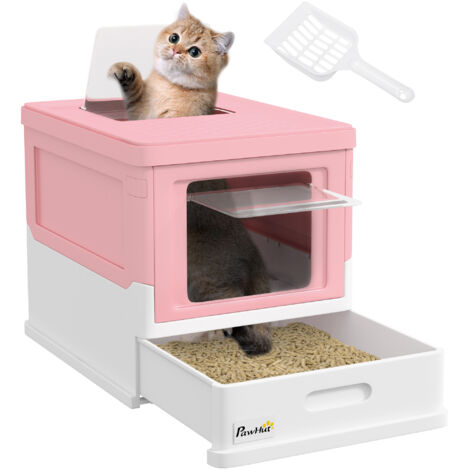 PawHut caja de arena plegable para gatos con cubierta desmontable bandeja extraíble techo abatible puerta de entrada pala 47,5x35,5x36,7 cm rosa