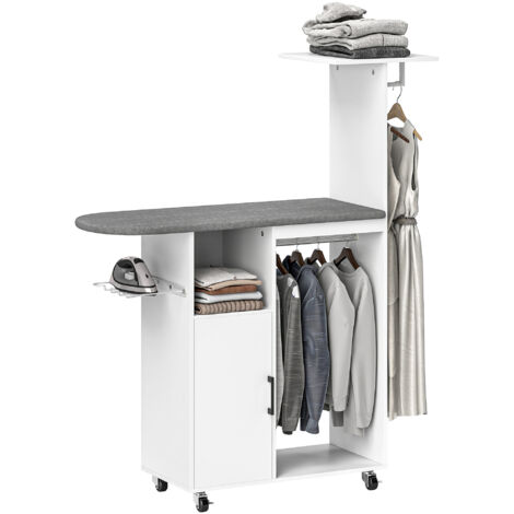 HOMCOM mueble de planchar con ruedas y barra lateral mueble planchado con tabla de planchar barra para ropa estante ajustable 127,5x43,5x153 cm blanco