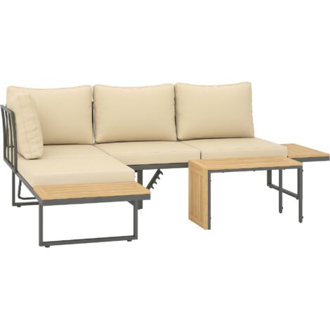 Outsunny conjunto de muebles jardín exterior con 2 sofás de 3 plazas asiento ajustable y mesa de madera de acacia versátil con cojines beige y gris