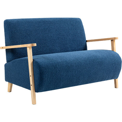 HOMCOM sofá de 2 plazas tapizado en borreguito sofá de salón de 118 cm con acolchado grueso reposabrazos y patas de madera azul oscuro