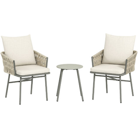 Outsunny conjunto de jardín exterior 3 piezas muebles de jardín con 2 sillas con cojines extraíbles y mesa con tablero de metal impermeable anti-UV