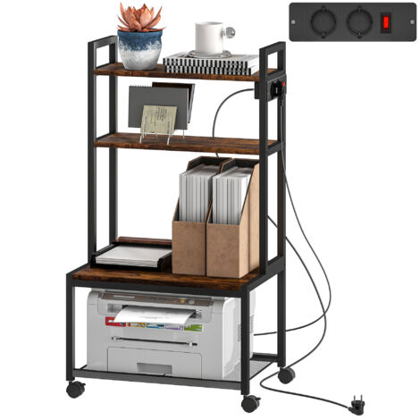 HOMCOM soporte para impresora con estación de carga mueble para impresora de 4 niveles con ruedas y marco metálico marrón rústico
