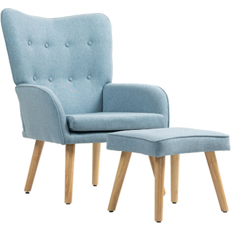 HOMCOM sillón con reposapiés sillón lectura con respaldo alto capitoné patas de madera y tapizado en lino butaca para salón dormitorio oficina azul