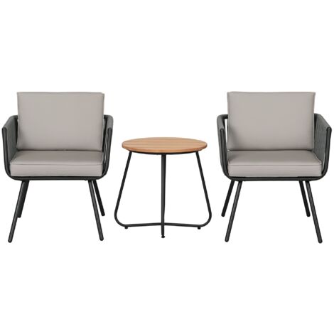Outsunny conjunto de muebles de jardín de ratán 3 piezas conjunto de mesa y 2 sillas de ratán con cojines acolchados para balcón terraza patio gris