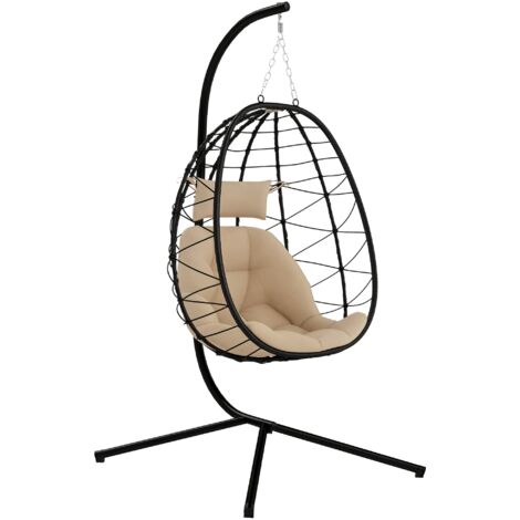Outsunny silla colgante huevo con soporte columpio jardín exterior con cesta plegable cojín reposacabezas para interior y exterior carga 120 kg caqui (1/5)
