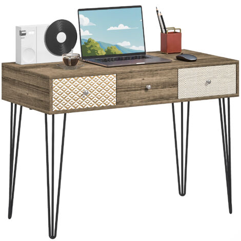HOMCOM escritorio bohemio mesa de escritorio con 3 cajones y patas horquilla para oficina dormitorio 105x50x75 cm madera