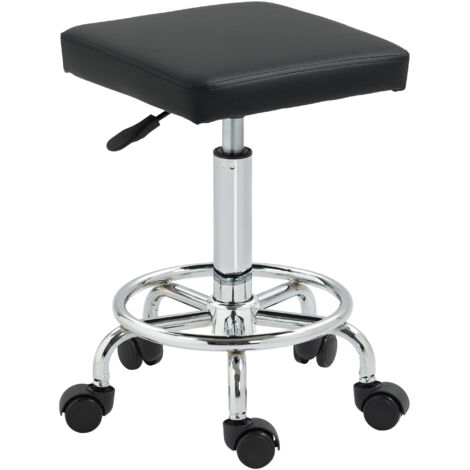 HOMCOM taburete giratorio taburete con ruedas altura regulable 50-66 cm asiento tapizado de cuero sintético reposapiés para salones y talleres negro