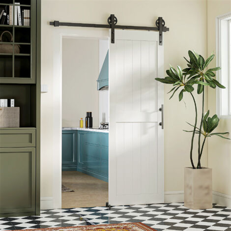 HOMCOM puerta corredera de granero con herrajes puerta corredera de interior con manija rodillo y guía de suelo mejorados 71,5x213,4 cm blanco