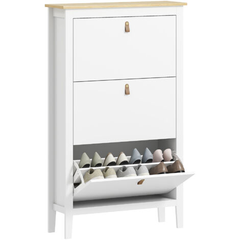 HOMCOM mueble zapatero estrecho con 3 cajones abatibles estantes ajustables y tiradores de PU para 21 pares de zapatos 80x24x131 cm blanco