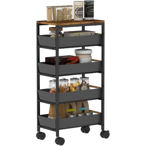 HOMCOM carro de cocina de 5 niveles carrito auxiliar con ruedas tablero efecto madera 4 cajones extraíbles para comedor salón 39,5x24x82 cm negro