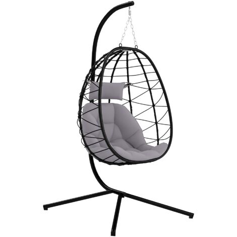 Outsunny silla colgante huevo con soporte columpio jardín exterior con cesta plegable cojín reposacabezas para interior y exterior carga 120 kg gris (1/5)