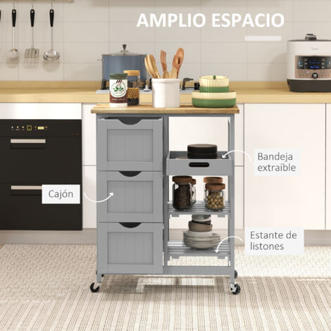 Carro De Cocina Con Ruedas Carrito De Servicio Con 3 Cajones 2 Estantes Abiertos Y Bandeja Extrable Para Comedor Saln Carga 40 Kg 67x37x84 Cm 55385187