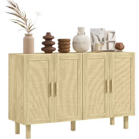 HOMCOM aparador 4 puertas de rejilla de ratán aparador para salón bohemio con estantes ajustables para comedor dormitorio natural 120x39,5x76 cm