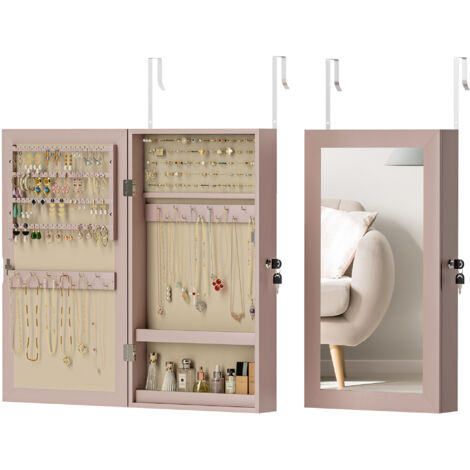 HOMCOM espejo joyero de pared con cerradura y varios compartimentos montar en pared o puerta para pendiente collar anillo pulsera rosa y forro beige
