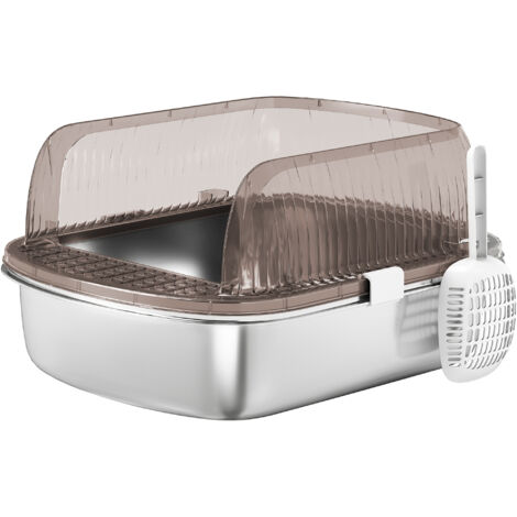 PawHut arenero para gatos cubierto con bandeja de acero bordes altos pala y zona para caída de arena sin olor fácil limpieza gris