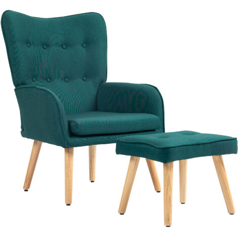 HOMCOM sillón con reposapiés sillón lectura con respaldo alto capitoné patas de madera y tapizado en lino butaca para salón dormitorio oficina verde