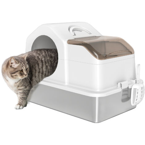 PawHut arenero para gatos cubierto con bandeja de acero inoxidable tapa extraíble bordes altos tapetes pala fácil de limpiar para gatos grandes
