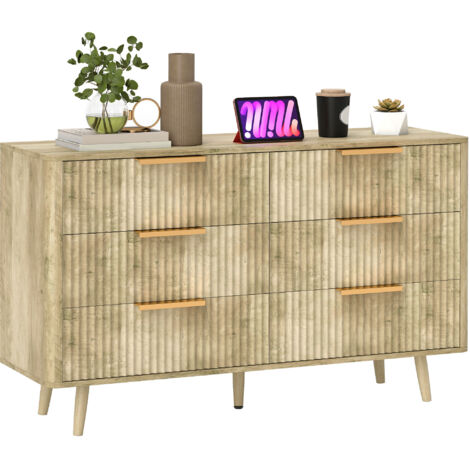 HOMCOM cómoda de 6 cajones cómoda para dormitorio con diseño estriado y patas de madera cajonera para salón pasillo 62x35x105 cm roble