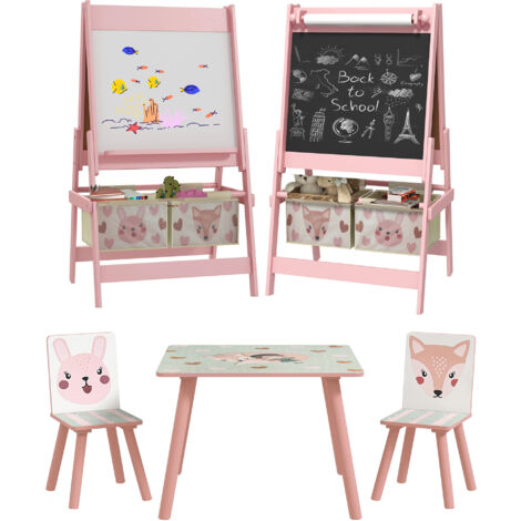 ZONEKIZ conjunto para niños incluye 1 mesa con 2 sillas infantiles y 1 caballete 3 en 1 con cestos para dormitorio sala de juegos rosa (1/5)