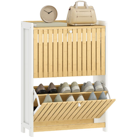 HOMCOM zapatero estrecho con 2 puertas de bambú con listones estantes ajustables para 12 pares de zapatos 60x24x82,5 cm blanco y natural