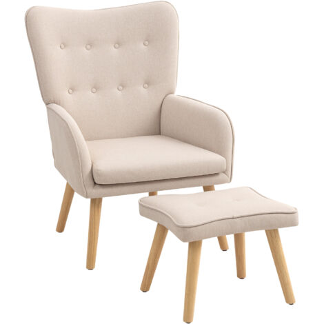 HOMCOM sillón con reposapiés sillón lectura con respaldo alto capitoné patas de madera y tapizado en lino butaca para salón dormitorio oficina beige