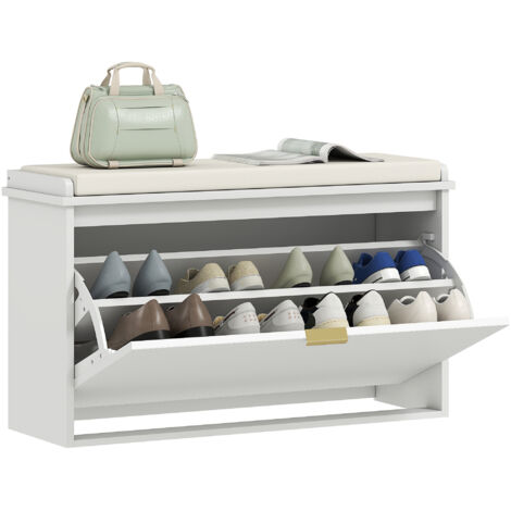 HOMCOM banco zapatero mueble zapatero banco recibidor con asiento acolchado cajón abatible y panel de tablillas 80x26x47,5 cm blanco