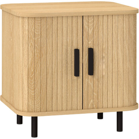 HOMCOM mesita de noche para dormitorio con puertas correderas 2 estantes y patas de acero estilo escandinavo para salón 48x40x48 cm roble