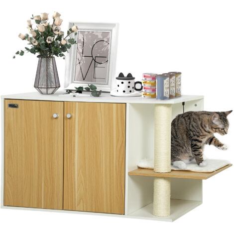 PawHut mueble arenero para gatos 3 en 1 nido mesa auxiliar con puertas cojín y centro de juegos para salón dormitorio 94x48x50,5 cm roble y blanco