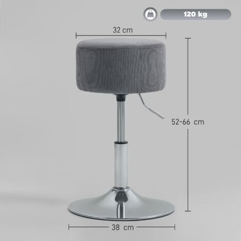 Taburete De Bar Alto Ajustable 52-66 Cm - Giratorio 360°, Tapizado Pana, Base Acero | Para Cocina, Tocador, Salón