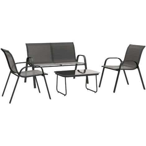 Outsunny conjunto de jardín exterior 4 piezas con 2 sillones apilables 1 sofá de 2 plazas y mesa de centro con tablero de vidrio templado negro (1/5)