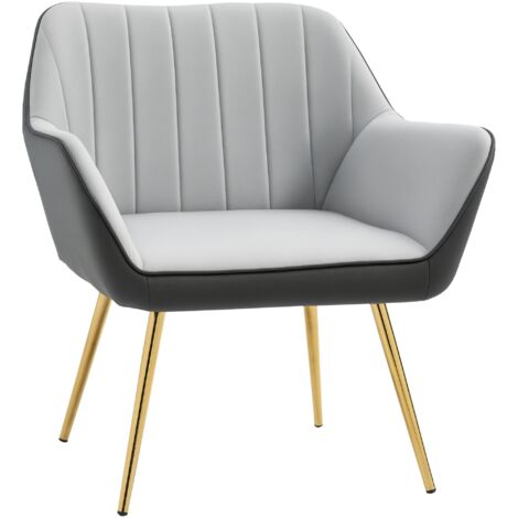 HOMCOM butaca de salón sillón de salón tapizado en cuero Sintético y terciopelo con reposabrazos patas doradas y marco de acero carga 120 kg gris (1/5)