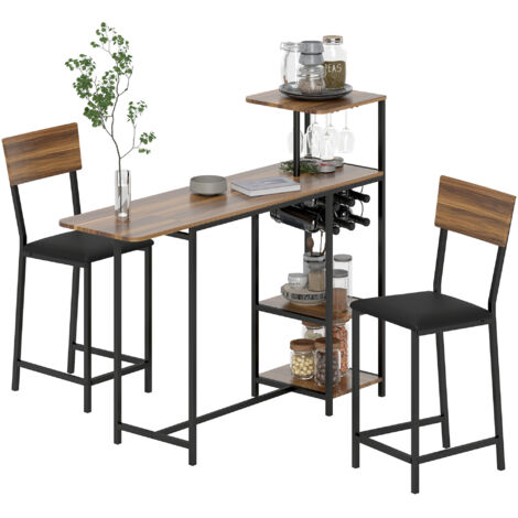 HOMCOM juego de mesa y taburetes de bar mesa alta de cocina con 2 taburetes laterales abatibles soporte para vinos y estantes marrón y negro