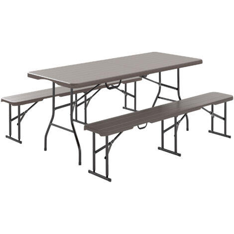 Outsunny conjunto de camping plegable de 3 piezas mesa plegable camping con bancos incluye 1 mesa 180x74x74 cm y 2 bancos efecto madera impermeable (1/5)
