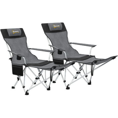 Outsunny conjunto de 2 sillas plegables camping con reposapiés desmontable reposacabezas portavasos y bolsa lateral para jardín playa gris y negro