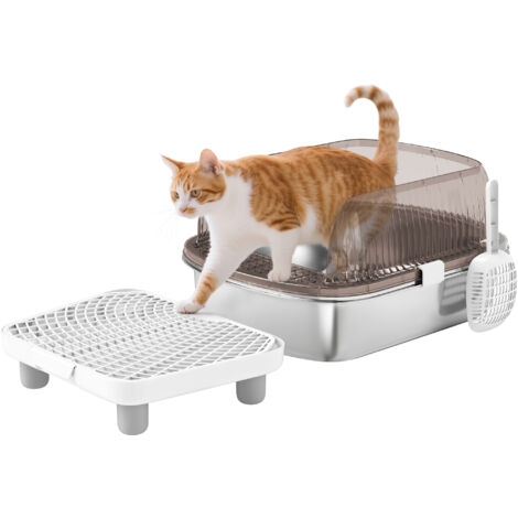 PawHut arenero para gatos cubierto con bandeja de acero bordes altos pala peldaño zona para caída de arena sin olor fácil limpieza