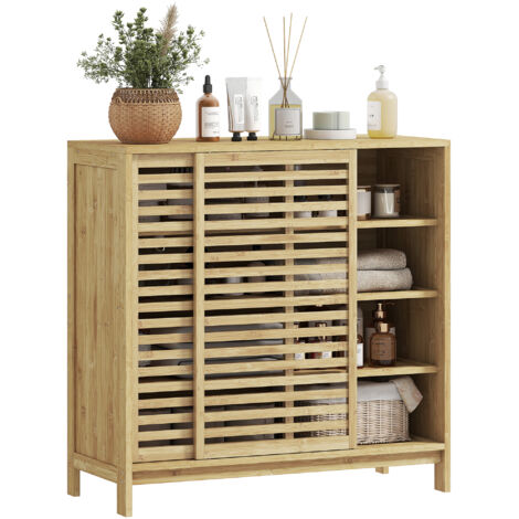 HOMCOM armario de baño de bambú mueble de baño con 2 puertas correderas diseño con lamas 4 estantes para cocina salón 80x34x80 cm natural