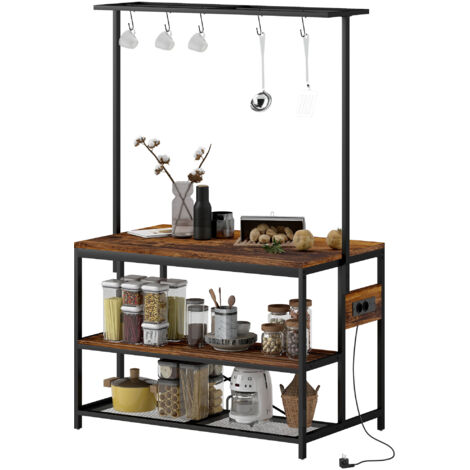 HOMCOM estantería de cocina con toma de corriente estante de cocina industrial con estantes ganchos 116x70x182 cm marrón rústico